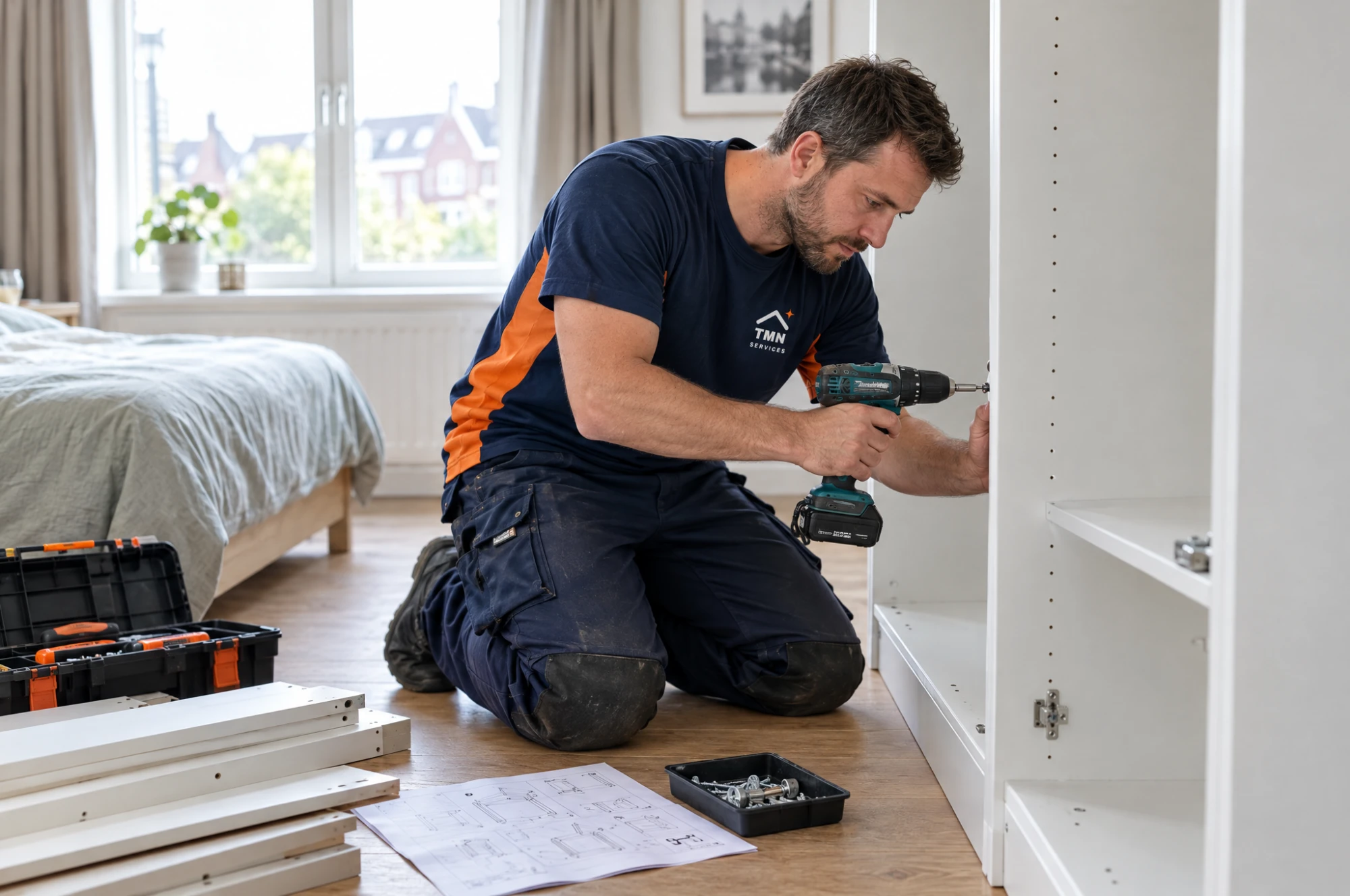 Klusser van TMN Services monteert een kast in een slaapkamer
